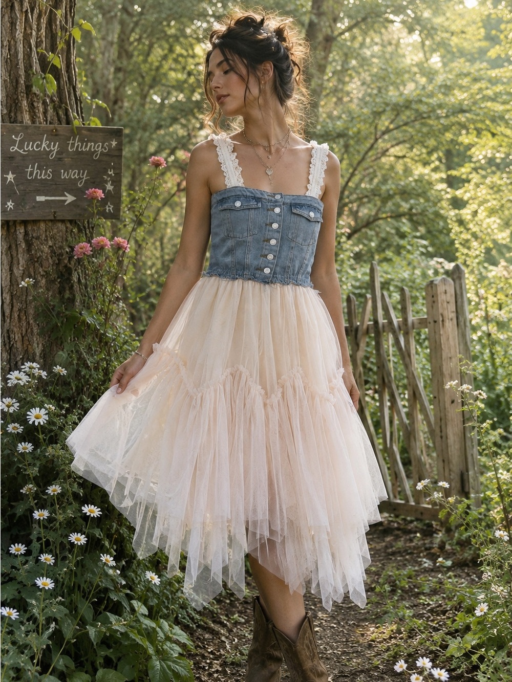 Lisa Skeels Original OOAK Upcycled Denim Tulle Romantic Boho Fairy Dress